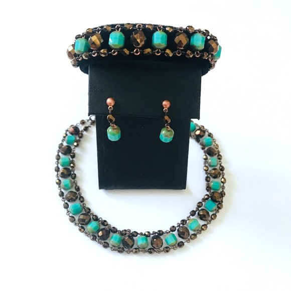 Jewelry - 3-Piece Choker, Bracelet & Earrings Jewelry Set – Turqoise & Copper